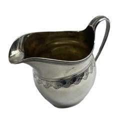 George III silver cream jug with engraved cartouche and trailing border pattern with reeded loop handle H10cm London 1800 3.9oz