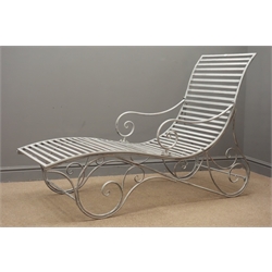 Silver finish wrought metal scrolled garden lounger H100cm, W60cm, D155cm