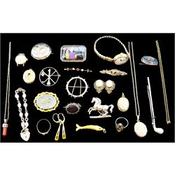 Victorian and later jewellery including 9ct gold stone set bar brooch, 14ct gold ring shank, two 9ct gold cased wristwatches, silver brooches including butterfly wing, horse and golf club designs, gold plated fish pendant etc