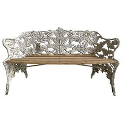 Coalbrookdale - 19th century cast iron fern pattern bench, shaped frame decorated trailing fern leaves and branches, oak slatted seat, on splayed supports 