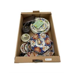 Royal Crown Derby imari pattern miniature spill vase, Masons Regency plates, Japanese Imari dishes, silver-plated cigarette box etc in one box