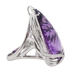 18ct white gold amethyst and diamond suite, comprising necklace, pair of pendant stud earrings and bracelet and ring, each with pear cut amethysts and round brilliant cut diamonds, stamped 750 