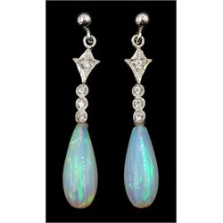 Pair of silver pear shaped opal and cubic zirconia pendant stud earrings, stamped 925