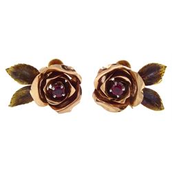 14ct gold yellow and rose gold rose brooch set with a ruby and pair of matching screw back earrings stamped, both stamped 14K, retailed H W Beattie & Sons, Cleveland in original boxes