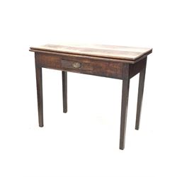 19th century oak fold over tea table with single drawer, raised on square tapered supports W93cm