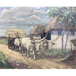 R B David (British early 20th century): Ox Cart and Rice Farmer, oil on board signed 40cm x 48cm