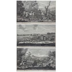 Bernard Baron (French 1696-1762) after John Wootton (British c.1686-1764): 'The Chase' and 'The Hounds at Fault', pair engravings c.1726 sold by Thomas Bowles in St. Pauls Church Yard together with William Pritchard (British 18th century) after Peter Tillemans (Flemish c.1684-1734): 'A View of his Grace the Duke of Kingston's House at Thoresby with his Grace & attendants going a fetting', engraving pub. 1770 each 28cm x 43cm (3) 
