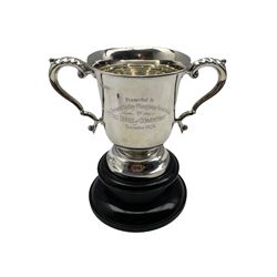 Silver two handled trophy 'Derwent Valley Ploughing Association' on plinth H20cm overall Sheffield 1926 Maker Walker and Hall 9.9oz  