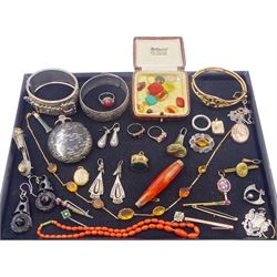 Victorian and later jewellery including gold citrine necklace, silver green stone set eternity ring, gold three stone ruby and white sapphire ring, hardstone brooches, earrings, elephant fob, loose stones, gold brooches, coral necklace, Niel pocket watch etc