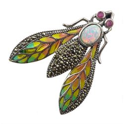 Silver plique-a-jour opal and marcasite moth pendant/brooch, stamped 925