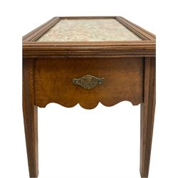 20th century oak sewing box, the lifting lid with needle work, raised on square supports W62cm, H53cm, D40cm 