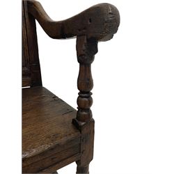 17th century carved oak Wainscot chair, the back with two carved rails over a twin panelled back, the rails decorated with faintly carved chevrons, downswept arms with turned supports, the panelled seat over ring turned front supports united by box stretcher