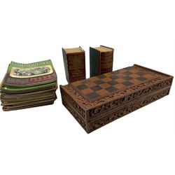Carved hinged chessboard, two copies of Beetons Housewife's Treasury together with quantity of vintage Motorspeed magazines