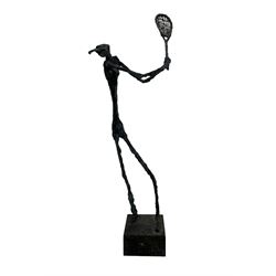 Three figural Giacometti inspired sculptures, two modelled as female tennis players and the other as a golfer, on rectangular bases, each signed Maas, H50cm max (3)