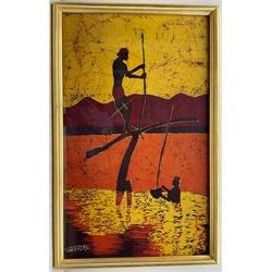 Sripathy (African Contemporary): Two Men in a River, batik painting signed 90cm x 54cm