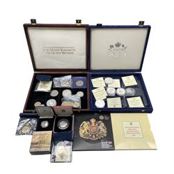 Coins including Queen Elizabeth II 1994 New Zealand silver proof five dollars, 1994 Vanuatu silver proof fifty vatu, 1995 Turks and Caicos Islands silver proof twenty crowns, 1995 Alderney silver proof five pounds, other silver coins, base metal five pound coins, United Kingdom 1986 and 2008 brilliant uncirculated coin collections etc, housed in two cases