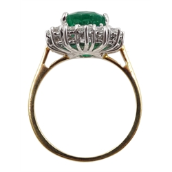 18ct gold oval emerald and diamond cluster ring, hallmarked, emerald 3.00 carat, total diamond weight approx 1.10 carat