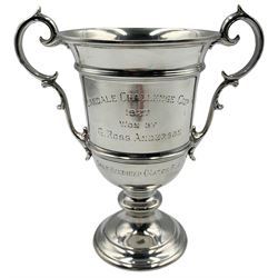 George V silver twin handled trophy with inscription 'Landale Challenge Cup, 1927 Won by G. Ross Anderson, Golf Handicap (Match Play) by Garrard & Co Ltd, London 1925