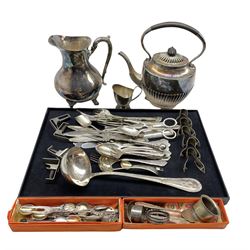 Quantity of WMF plated cutlery, plated spirit kettle, German ladle by Bruckman & Sohne and other plated items