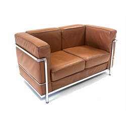 After Le Corbusier - Mid 20th century two seat sofa with chrome frame and brown leather upholstered arm rests and loose cushions