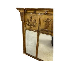 Regency giltwood and gesso over-mantel mirror, projecting cornice with globular mounts, the frieze decorated with festive figural scenes and lyres with floral decoration, three bevelled mirror plates