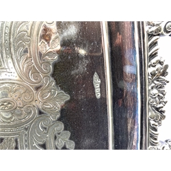 Victorian silver-plated twin handled tray by Walker & Hall, Sheffield,  with gadrooned and oak leaf scroll border, foliate scroll handles and bright cut engraved decoration to centre, 72cm x 43cm
