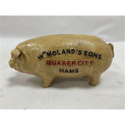 Cast iron reproduction Wm. Moland's Sons Quaker City Hams money box, H10cm