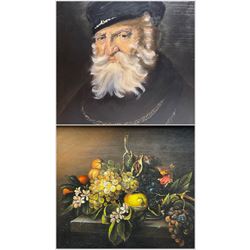 English School (19th century): Still Life of Fruit on Ledge, oil on canvas unsigned 23cm x 29cm; DJ Crampton (British 20th century) after Rembrandt: The Captain, oil on board signed and dated 1949, 43cm x 37cm (2)