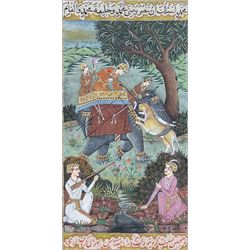 Mughal School (18th/19th century): Hunting Scene with Noblemen on Elephants Shooting Lion, illuminated leaf from a manuscript, pen ink and bodycolour heightened in gold with Arabic script 18cm x 10cm