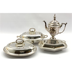 Early 20th century Reed & Barton silver-plated pedestal coffee pot and three silver-plated entree dishes (4)