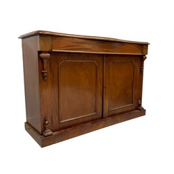 Late 19th century mahogany chiffonier, serpentine top with moulded edge, fitted with single drawer over two panelled cupboard doors enclosing single shelf, raised on plinth base