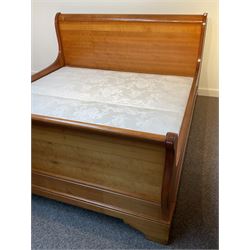 French cherry wood 6' SuperKing sleigh bedstead, moulded and rolled upright supports and rails, together with bed base