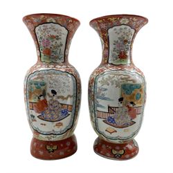Pair of Japanese Arita porcelain vases painted with panels of bijin, six character marks beneath, H36cm 