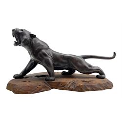Large Japanese patinated bronze of a tiger, Meiji period, crouching with open mouth, signature mark, on wooden base, L64cm 