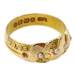 Victorian 18ct gold seed pearl ring with engraved scroll decoration, maker's mark E.V, Birmingham 1890