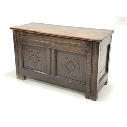 18th century oak coffer, the later top lifting to reveal plain interior, two lozenge carved panels to front, raised on stile supports, W118m, H63cm, D43cm