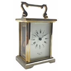 Mid-20th century Anglaise cased eight-day carriage clock with a silver plated finish,
timepiece movement, seven jewel lever platform escapement with timing screws, white enamel dial inscribed 