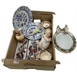 Meissen plates, Continental porcelain mirror, bisque figures etc in one box