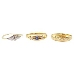 Three Victorian and later 18ct gold rings including five stone diamond rubover set, three stone paste and and single stone diamond