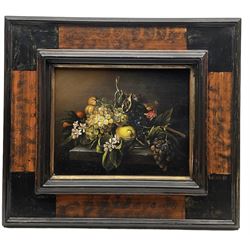 English School (19th century): Still Life of Fruit on Ledge, oil on canvas unsigned 23cm x 29cm; DJ Crampton (British 20th century) after Rembrandt: The Captain, oil on board signed and dated 1949, 43cm x 37cm (2)