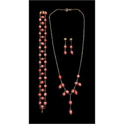 Gold coral pendant necklace and bracelet, both 14ct, stamped 585 and pair of similar 9ct gold stud earrings with 18ct gold butterflies stamped 750