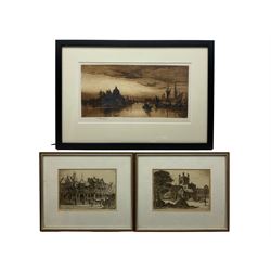 English School (Early 20th century): Grand Canal Venice, etching indistinctly signed 20cm x 40cm; A Godwin (British early 20th century): 'The Cathedral Chester' and The Cross and Rows Chester', pair etchings signed and titled in pencil 15cm x 22cm (3)