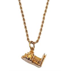 9ct gold cathedral pendant, on 9ct gold rope twist chain necklace, hallmarked