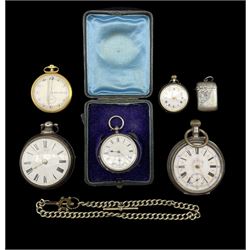 Victorian silver pair cased verge fusee pocket watch by Roberts, Folkstone, No. 5553, pierced and engraved balance cock with diamond endstone, case by Benjamin Kirby, Birmingham 1840, continental silver lever pocket watch stamped 800, two other smaller silver fob watches and a gold-plated lever pocket watch, silver vesta case hallmarked and a white metal chain