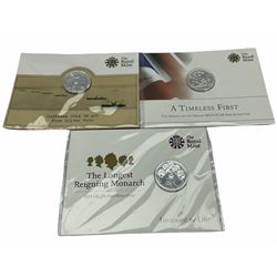 Three The Royal Mint UK twenty pounds fine silver coins dated 2013, 2014 and 2015, all on cards