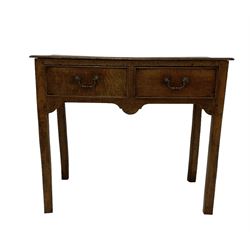 George III country oak side table, rectangular top with moulded edge, fitted with two cockbeaded drawers. raised on square supports