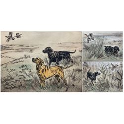 Henry Wilkinson (British 1921-2011): Labradors and Spaniels Chasing Ducks, set three coloured drypoint etchings signed and numbered in pencil max 25cm x 36cm (3)