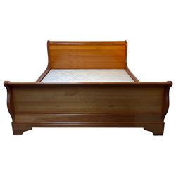 French cherry wood 6' SuperKing sleigh bedstead, moulded and rolled upright supports and rails, together with bed base