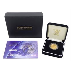 Queen Elizabeth II 2003 gold proof full sovereign coin, cased with certificate