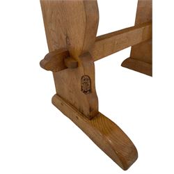 'Gnomeman' oak console table, the adzed top raised on shaped end supports and sledge feet, united by an adzed stretcher, with carved gnome signature, by Thomas Whittaker of Littlebeck